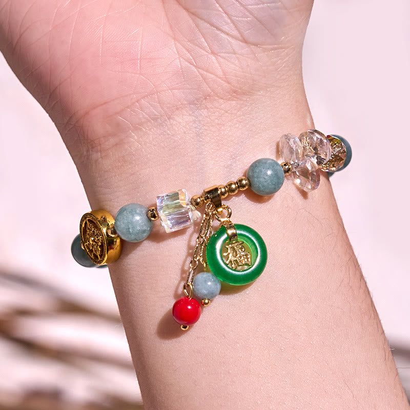 Strawberry Quartz and Jade Fu Character Charm Beaded Bracelet