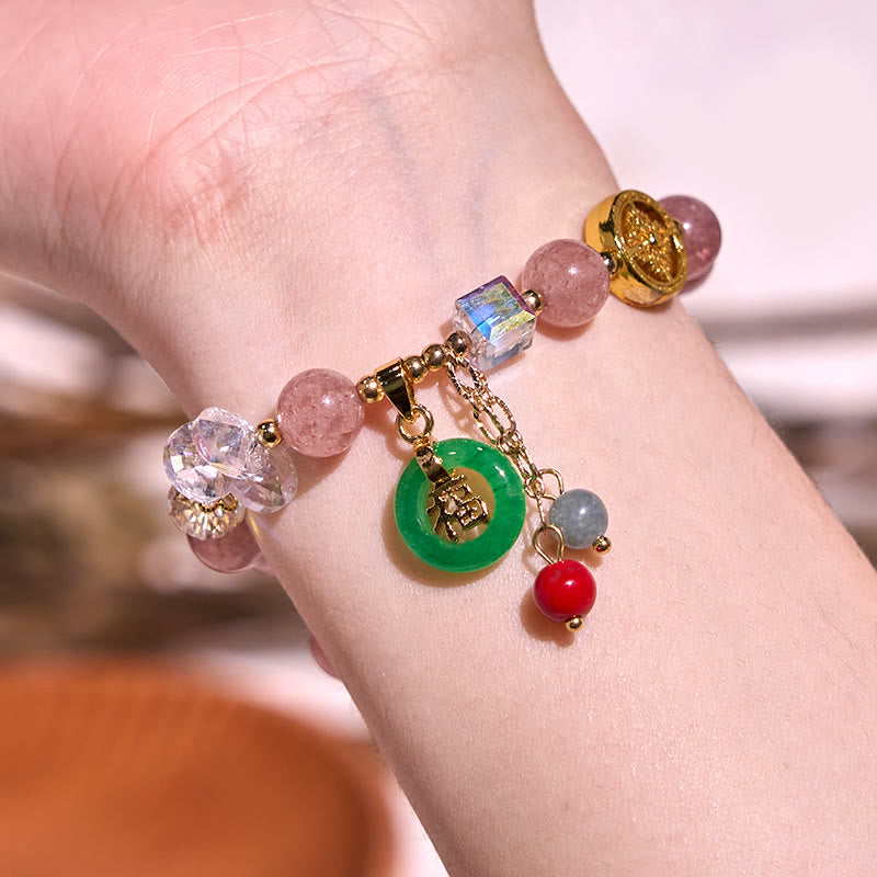 Strawberry Quartz and Jade Fu Character Charm Beaded Bracelet