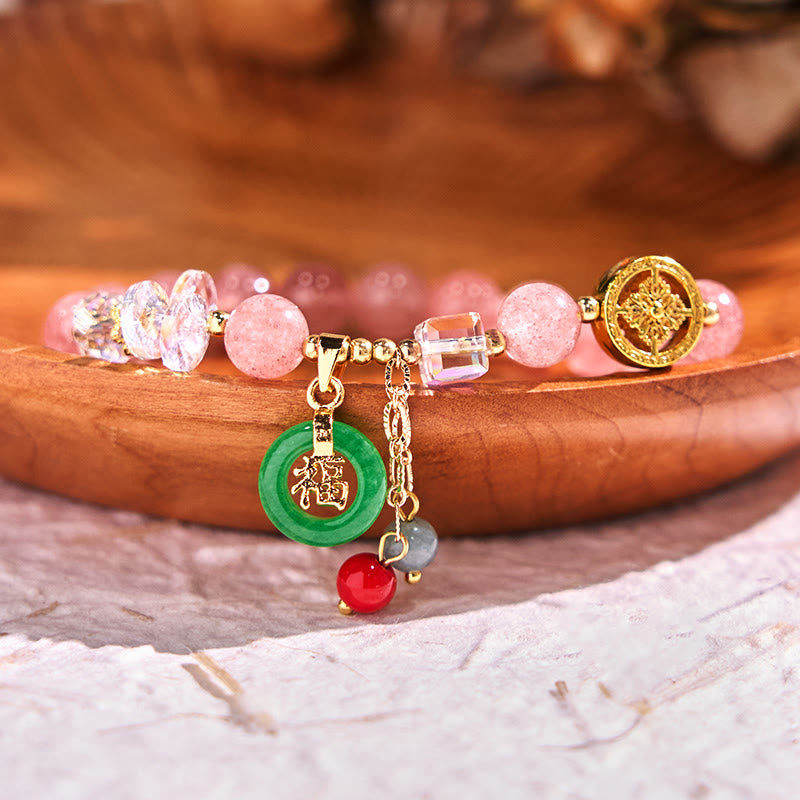 Strawberry Quartz and Jade Fu Character Charm Beaded Bracelet