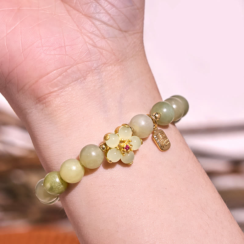 Green Jade Flower Fu Character Charm Luck Bracelet