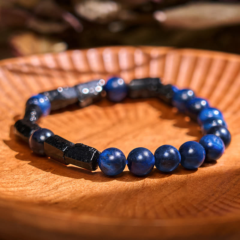 Natural Blue Tiger Eye and Black Tourmaline Handcrafted Stretch Bracelet