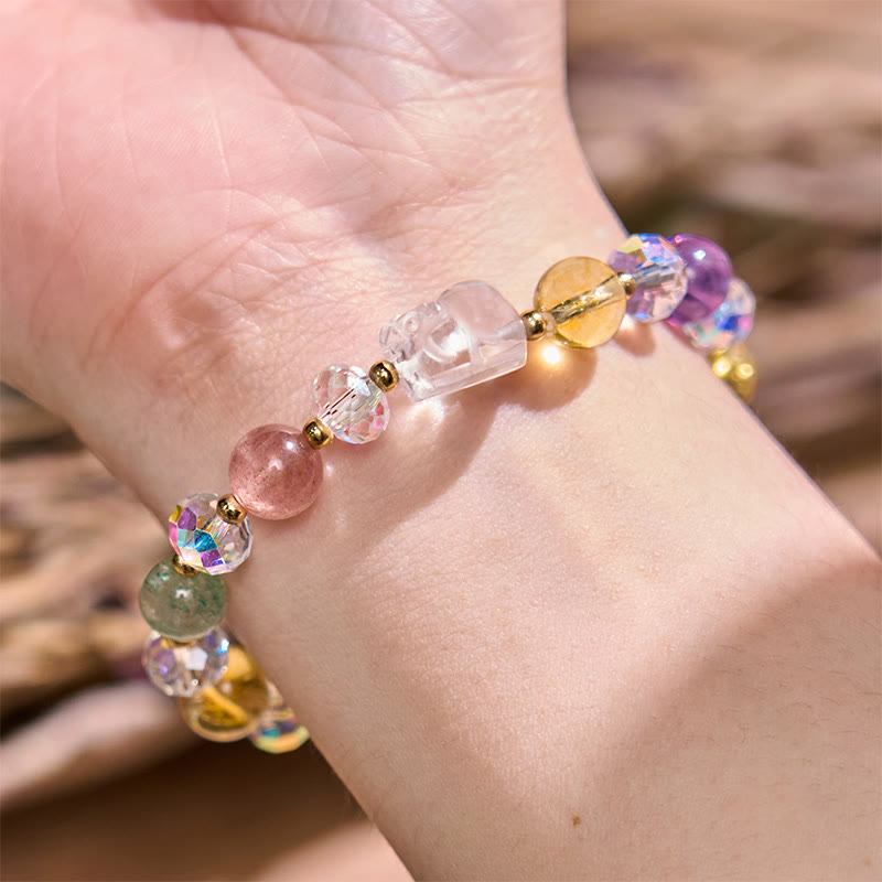 Multi-Crystal Pixiu Beaded Bracelet with Amethyst, Citrine and Strawberry Quartz