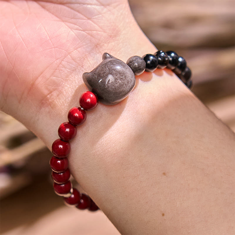 Handmade Silver Sheen Obsidian, Cinnabar & Black Obsidian Beaded Energy Bracelet