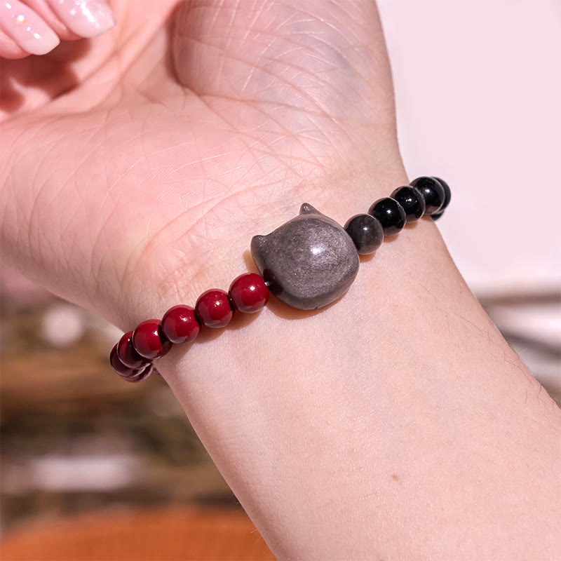 Handmade Silver Sheen Obsidian, Cinnabar & Black Obsidian Beaded Energy Bracelet