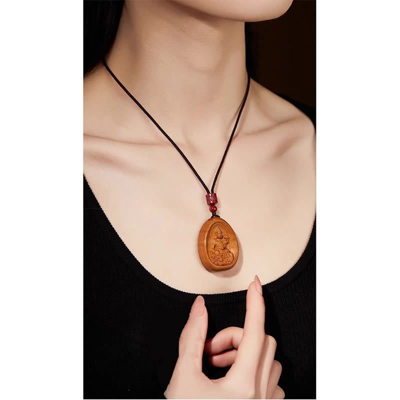 Peach Wood Cinnabar Om Mani Padme Hum Chinese Zodiac Black String Necklace Pendants