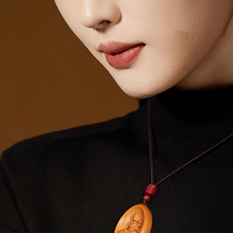 Peach Wood Cinnabar Om Mani Padme Hum Chinese Zodiac Black String Necklace Pendants