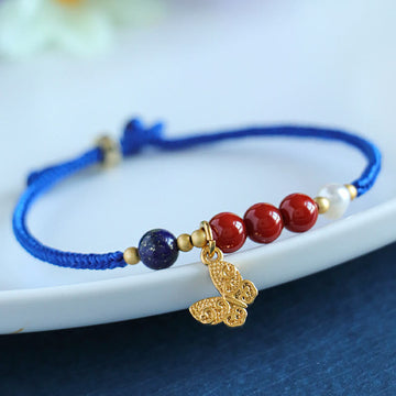 Klein Blue String Mixed Gemstone Bracelet with Copper Butterfly & Fu Charm