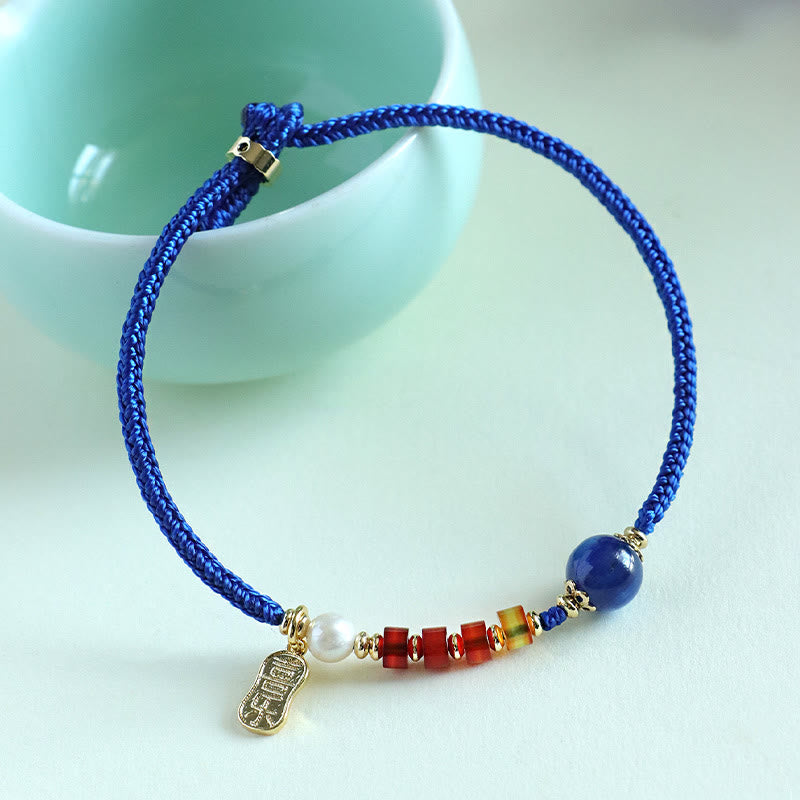 Klein Blue String Mixed Gemstone Bracelet with Copper Butterfly & Fu Charm