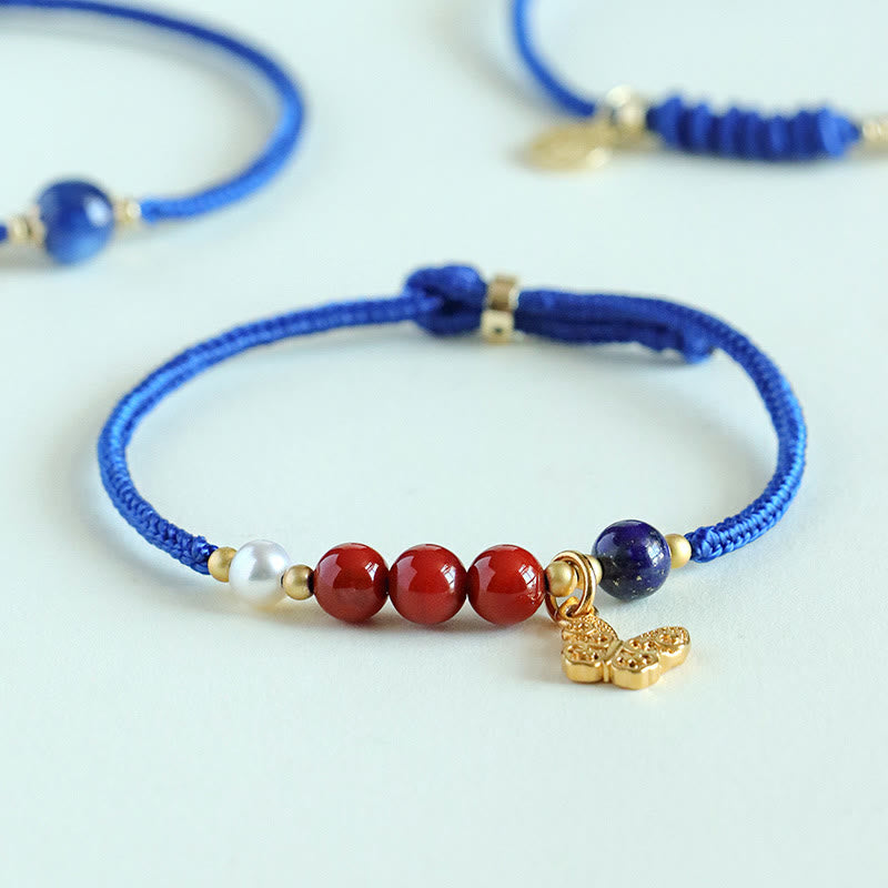 Klein Blue String Mixed Gemstone Bracelet with Copper Butterfly & Fu Charm