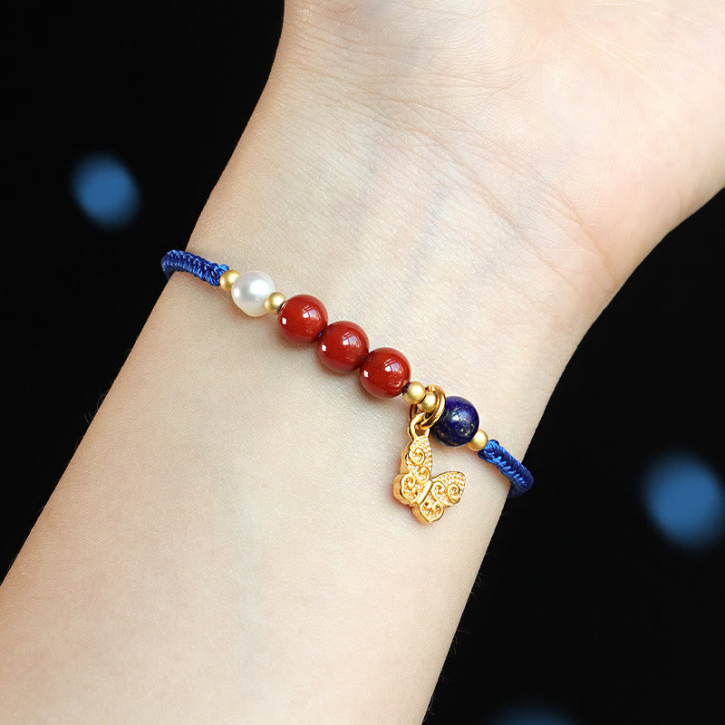 Klein Blue String Mixed Gemstone Bracelet with Copper Butterfly & Fu Charm