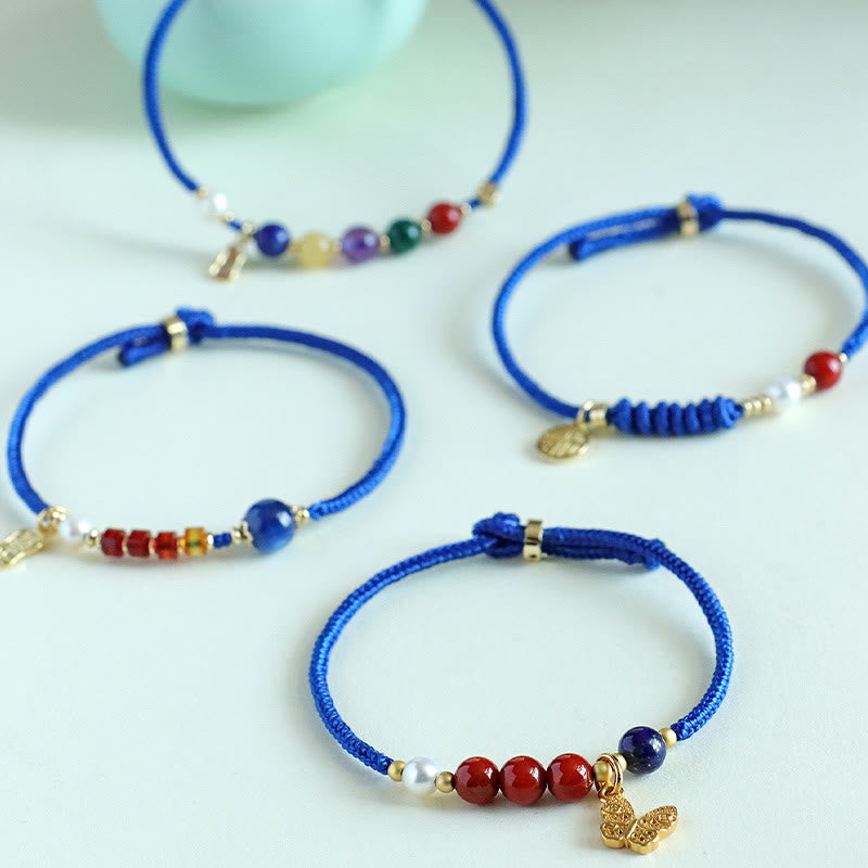 Klein Blue String Mixed Gemstone Bracelet with Copper Butterfly & Fu Charm