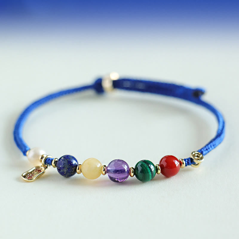 Klein Blue String Mixed Gemstone Bracelet with Copper Butterfly & Fu Charm