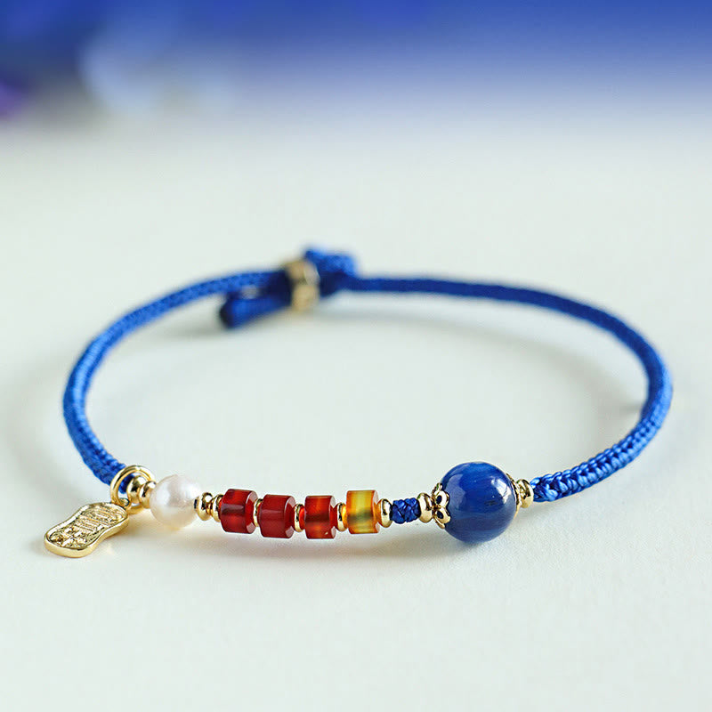 Klein Blue String Mixed Gemstone Bracelet with Copper Butterfly & Fu Charm