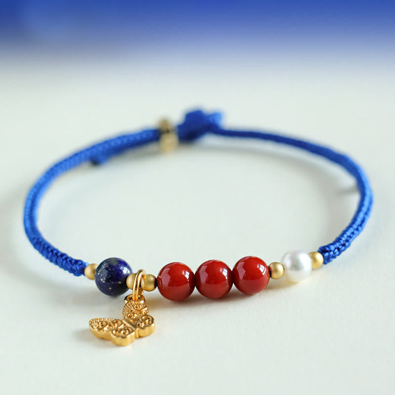 Klein Blue String Mixed Gemstone Bracelet with Copper Butterfly & Fu Charm