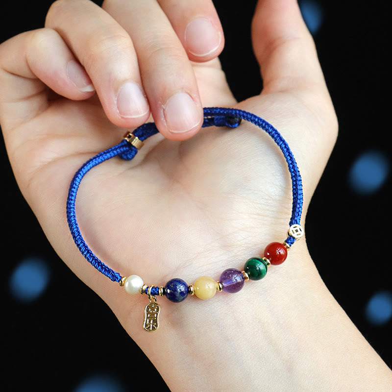 Klein Blue String Mixed Gemstone Bracelet with Copper Butterfly & Fu Charm