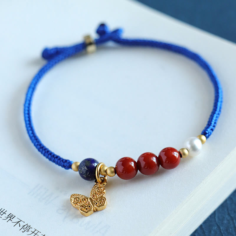 Klein Blue String Mixed Gemstone Bracelet with Copper Butterfly & Fu Charm