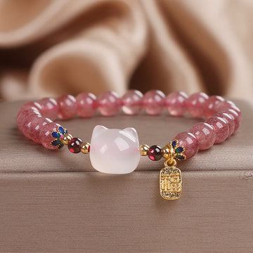 Strawberry Quartz White Jade Cat Fu Character Healing Bracelet