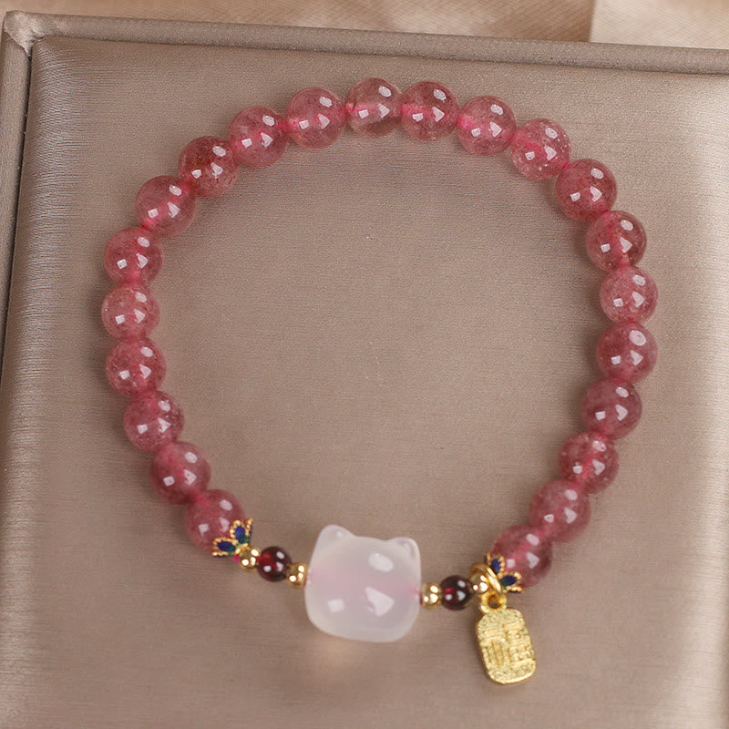 Strawberry Quartz White Jade Cat Fu Character Healing Bracelet