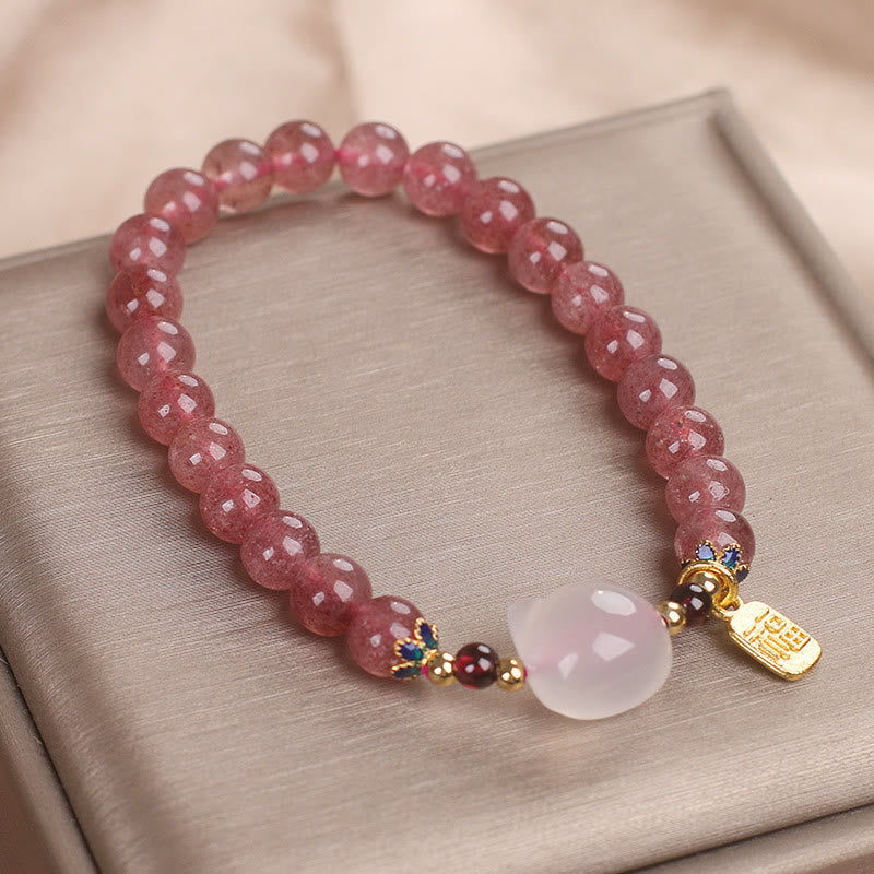 Strawberry Quartz White Jade Cat Fu Character Healing Bracelet