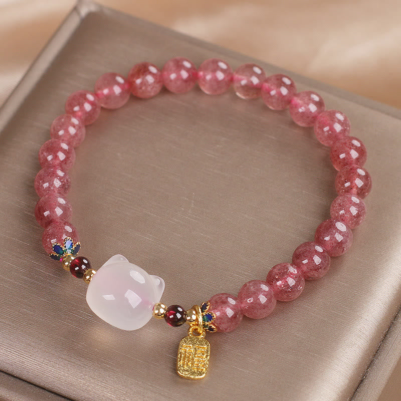 Strawberry Quartz White Jade Cat Fu Character Healing Bracelet