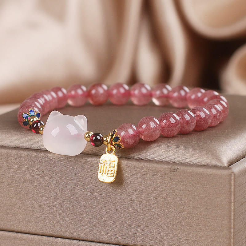 Strawberry Quartz White Jade Cat Fu Character Healing Bracelet