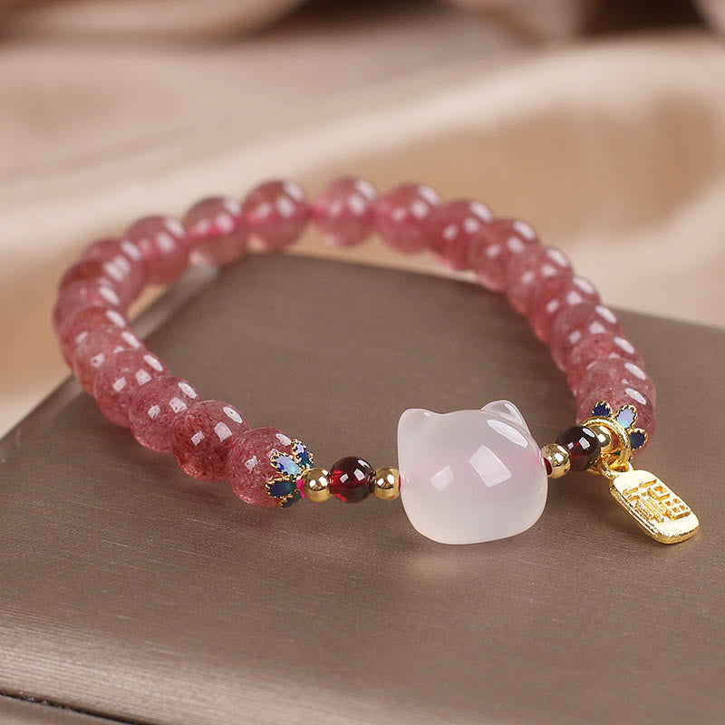 Strawberry Quartz White Jade Cat Fu Character Healing Bracelet