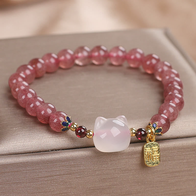 Strawberry Quartz White Jade Cat Fu Character Healing Bracelet