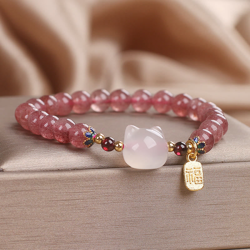 Strawberry Quartz White Jade Cat Fu Character Healing Bracelet