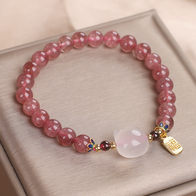 Strawberry Quartz White Jade Cat Fu Character Healing Bracelet