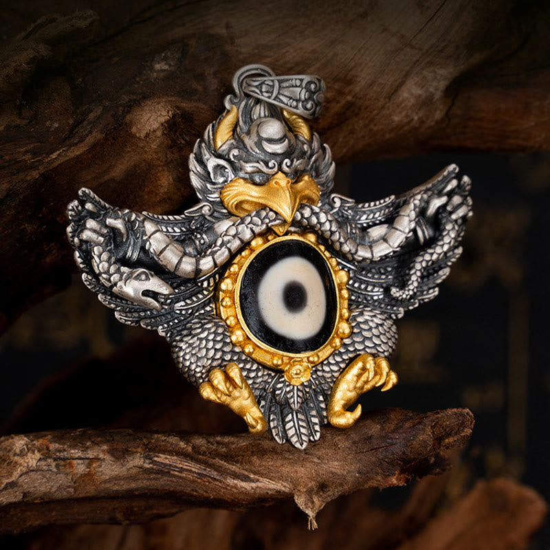 925 Sterling Silver Tibet Garuda Bird Dzi Bead Protection Necklace Pendant