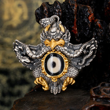 925 Sterling Silver Tibet Garuda Bird Dzi Bead Protection Necklace Pendant