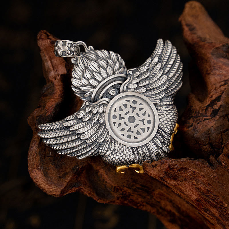 925 Sterling Silver Tibet Garuda Bird Dzi Bead Protection Necklace Pendant