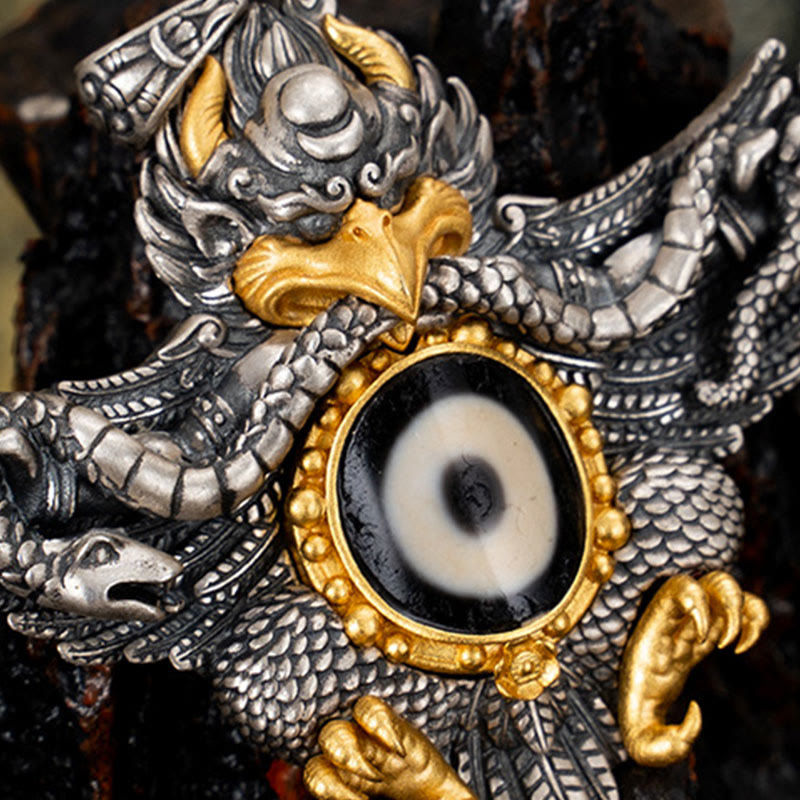 925 Sterling Silver Tibet Garuda Bird Dzi Bead Protection Necklace Pendant