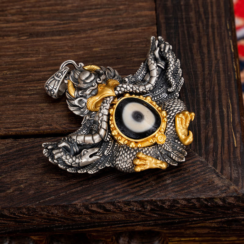 925 Sterling Silver Tibet Garuda Bird Dzi Bead Protection Necklace Pendant