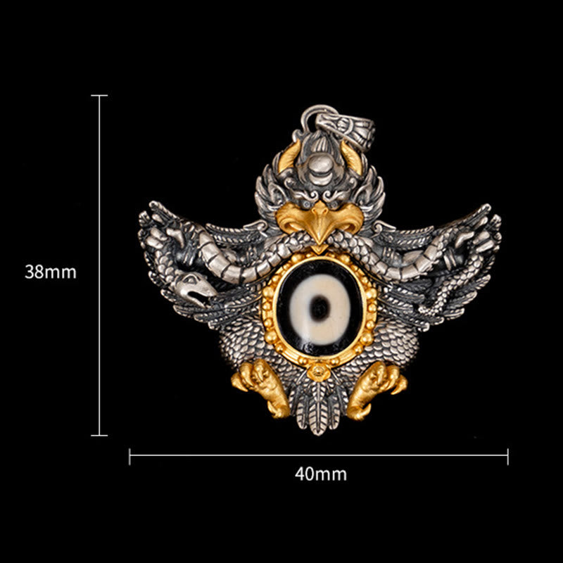 925 Sterling Silver Tibet Garuda Bird Dzi Bead Protection Necklace Pendant