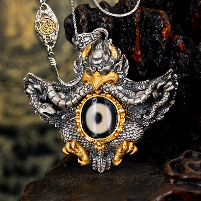 925 Sterling Silver Tibet Garuda Bird Dzi Bead Protection Necklace Pendant