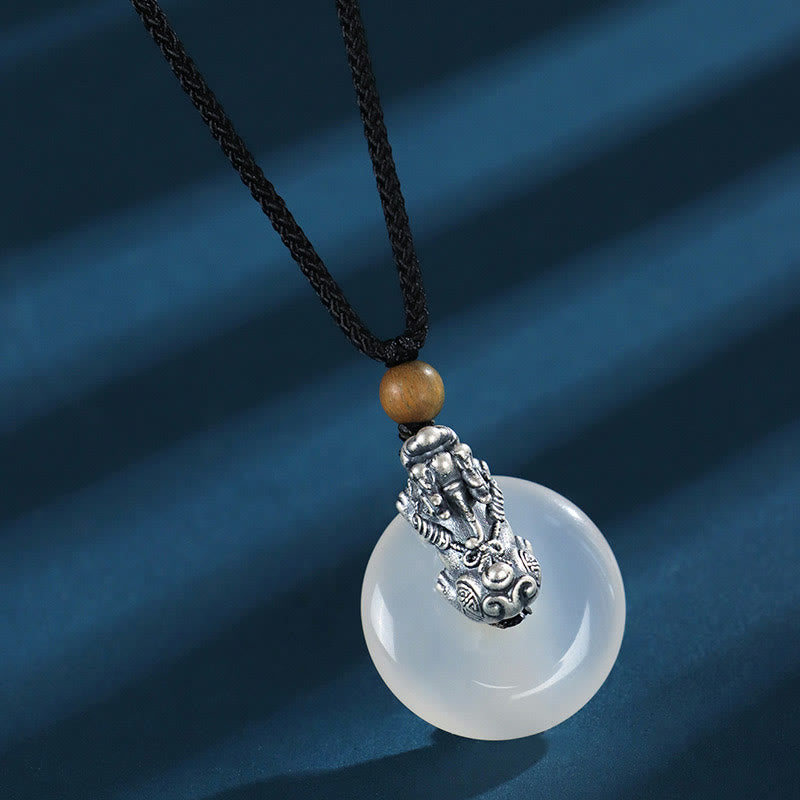 White Agate 999 Sterling Silver Black Onyx Green Sandalwood Pi Xiu Peace Buckle Six True Words Necklace Pendant