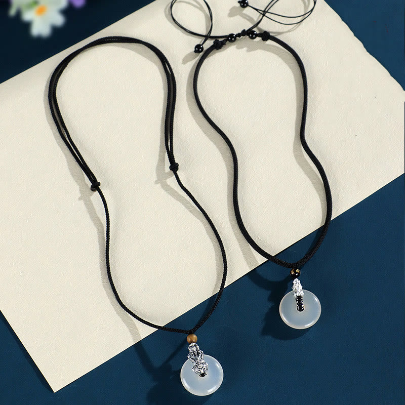 White Agate 999 Sterling Silver Black Onyx Green Sandalwood Pi Xiu Peace Buckle Six True Words Necklace Pendant