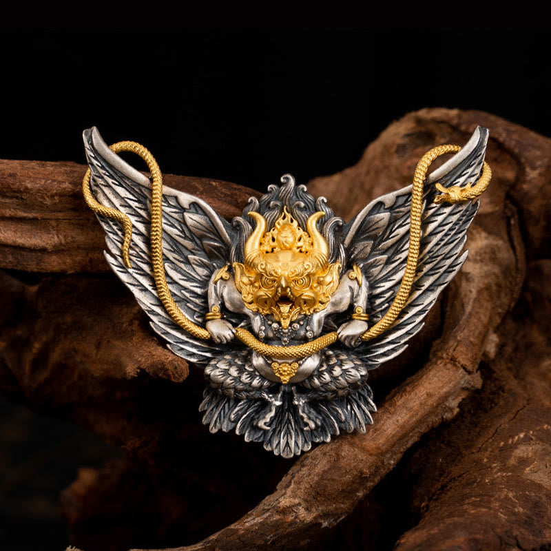925 Sterling Silver Tibetan Garuda Bird Dragon Snake Wisdom Necklace Pendant