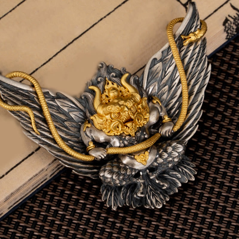 925 Sterling Silver Tibetan Garuda Bird Dragon Snake Wisdom Necklace Pendant