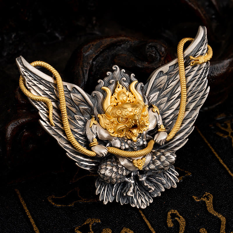 925 Sterling Silver Tibetan Garuda Bird Dragon Snake Wisdom Necklace Pendant