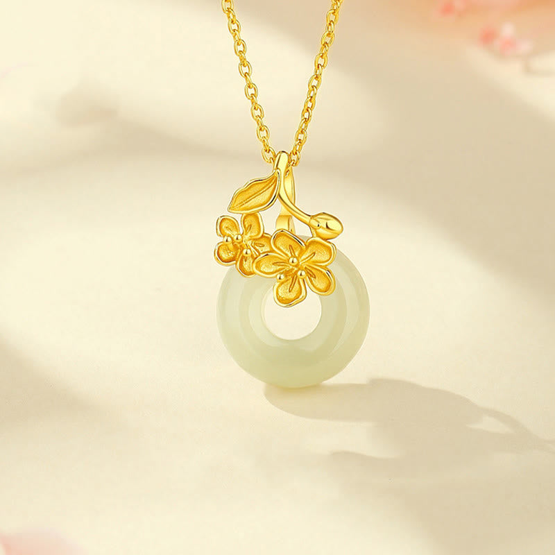 Hetian Jade 999 Sterling Silver Peace Buckle Peach Blossom Necklace Pendant
