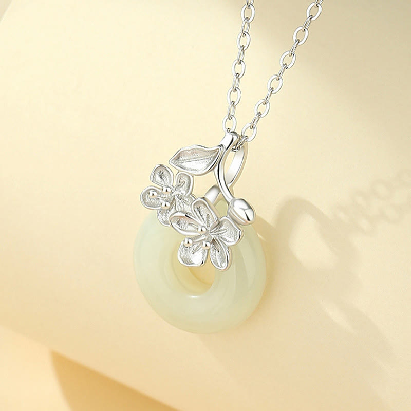 Hetian Jade 999 Sterling Silver Peace Buckle Peach Blossom Necklace Pendant