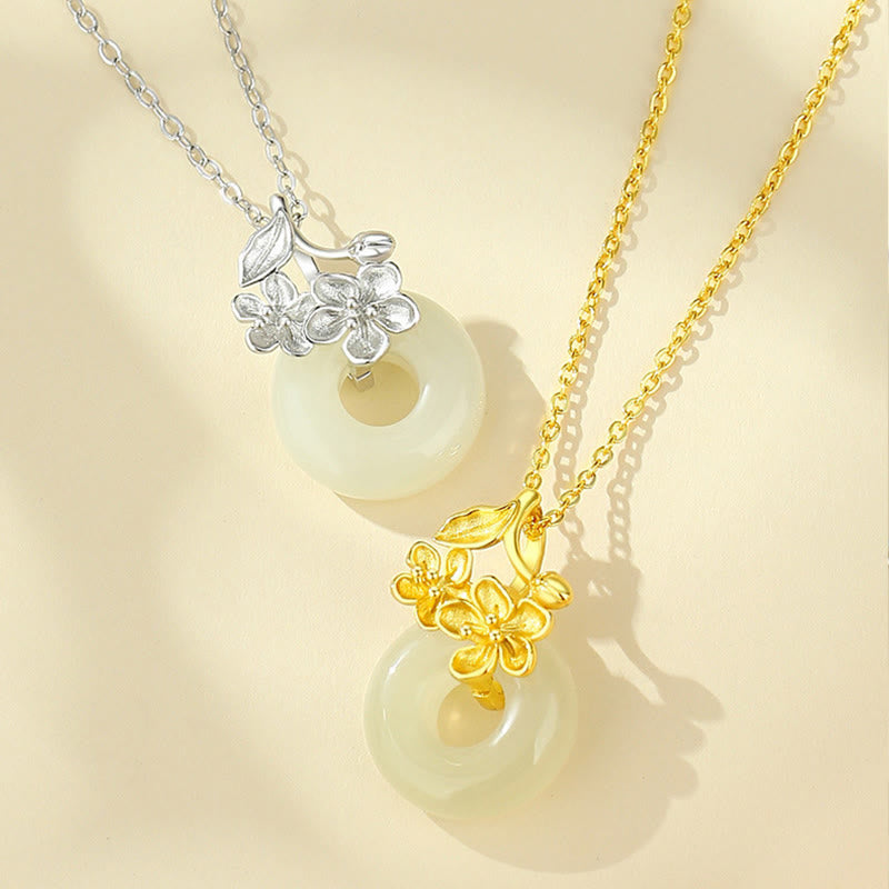 Hetian Jade 999 Sterling Silver Peace Buckle Peach Blossom Necklace Pendant