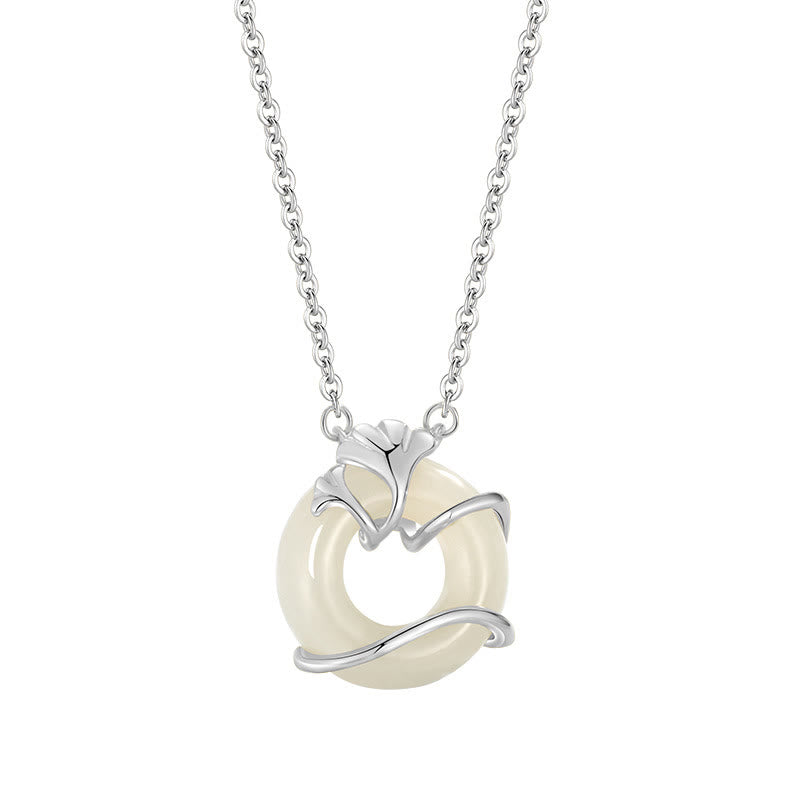 Hetian Jade 925 Sterling Silver Peace Buckle Ginkgo Leaf Necklace Pendant