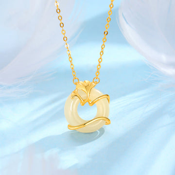 Hetian Jade 925 Sterling Silver Peace Buckle Ginkgo Leaf Necklace Pendant