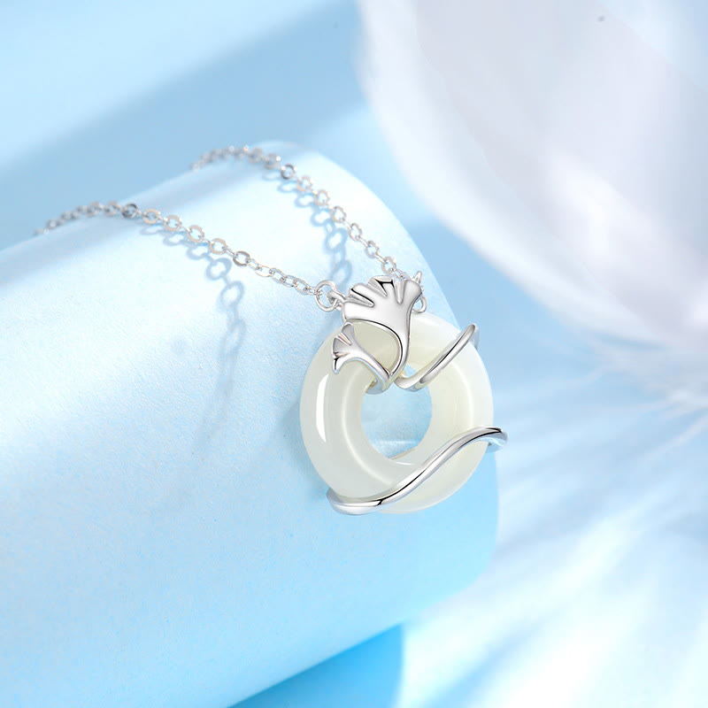 Hetian Jade 925 Sterling Silver Peace Buckle Ginkgo Leaf Necklace Pendant