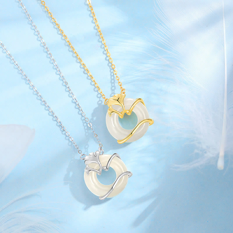 Hetian Jade 925 Sterling Silver Peace Buckle Ginkgo Leaf Necklace Pendant