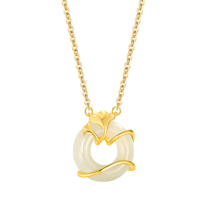 Hetian Jade 925 Sterling Silver Peace Buckle Ginkgo Leaf Necklace Pendant