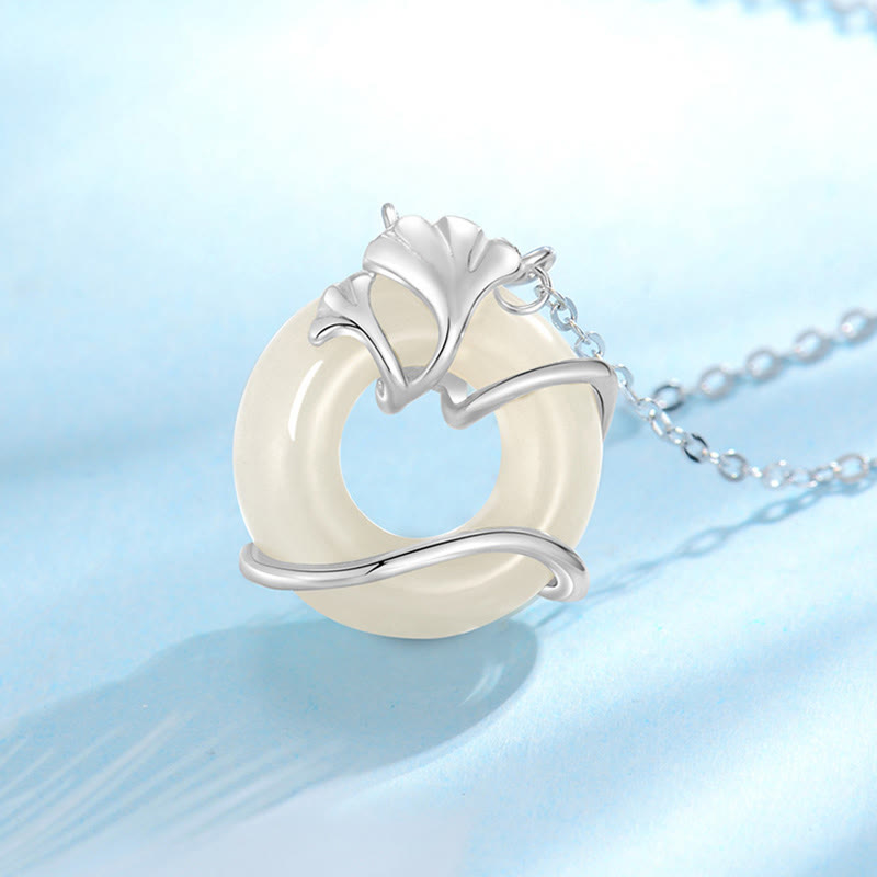 Hetian Jade 925 Sterling Silver Peace Buckle Ginkgo Leaf Necklace Pendant
